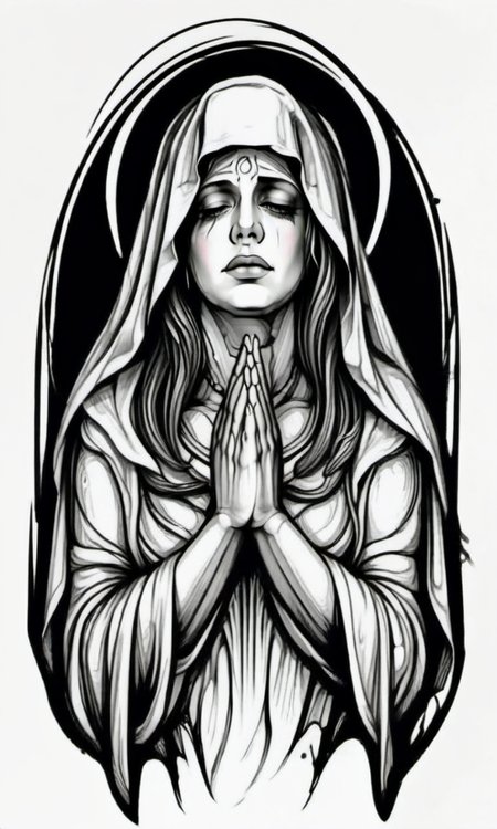 The Virgin Mary folded her hands and bowed her head 40 degrees in prayer,draktattoo,white background <lora:diablo-1119:1>
