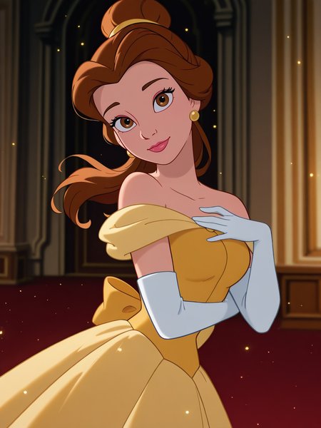 (official style:1.1), screencap, blurry background
1girl, medium breasts, (BelleXL:1.1), bow, brown hair, brown eyes, yellow dress, off-shoulder dress, white shirt, long dress, elbow gloves, jewelry, ponytail, single hair bun, lipstick, floating hair, makeup, 
light smile, dutch angle, cute pose, happy, , looking at viewer, princess castle, indoors, elegant room, portrait, dynamic pose, cowboy shot, hand on chest, head tilt, light particles, from side,
 <lora:Belle-IL:1>