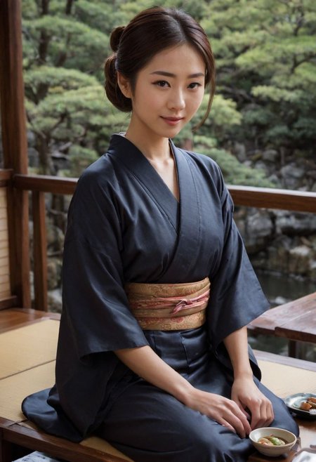 From frontal below :1.3,(dark background:1.3),(sitting behind wood table:1.631),(restaurant at ryokan:1.2),(Japanese tea cups and ((sukiyaki ))on table:1.63),((sukiyaki :1.5)),(beautiful real texture :1),smile face:1,(royal),10k,(real skin texture:1),high resolution,(one 32 years old elegant Japanese woman wearing in jyuban and colored long kimono:1.2), (looking at garden :1.4),exquisite face:1,(163cm tall:1),(fine wrinkle  :1.),(detailed innocent girls face:1.), NegfeetV2,(dazzling expression:1.54),(small single chignon:1), (only (one side )breast out:1.654)