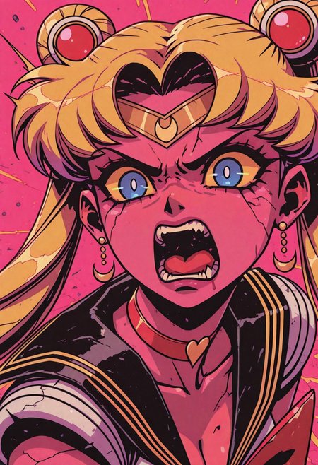 Overnoizz, female character concept,fabulous artwork,best quality,high resolution,fisheye view.
sailor moon, blonde hair, blue eyes, open mouth, aggressive, surprised, angry. 
pink background
