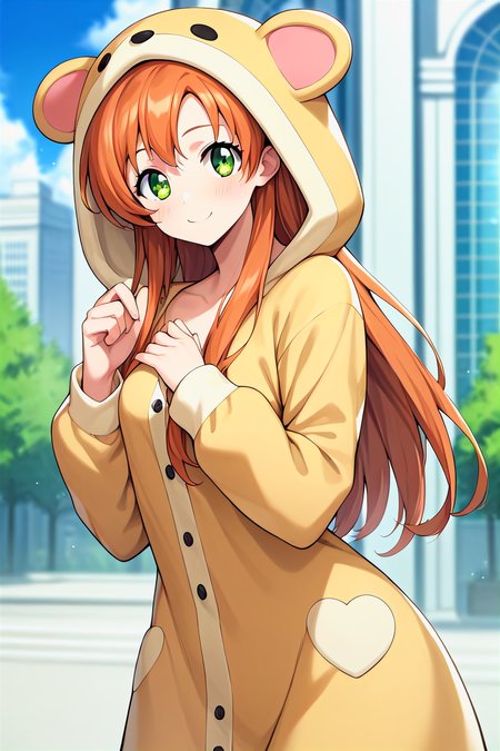 score_9, score_8_up, score_7_up, score_6_up, score_5_up, score_4_up, rating_questionable, , source_anime, digital illustration, pixiv, fanbox, uncensored, , BREAK, official art,
1girl, solo, female, shirley fenette, orange hair, green eyes, long hair,
animal costume, animal onesie, cute dress,, buildings, , outdoors, light smile, blush, cowboy shot, looking at viewer,  <lora:Shirley_fennete_Pony:0.8>