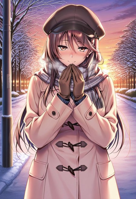 general,highres, ultra-detailed,very aesthetic,best quality ,best hands,masterpiece, best quality, newest, highres, score_9, score_8_up, score_7_up, source_anime, rating_explicit,1girl, yokota mamoru style,motion lines,Very straight nose，slim,slender face,perfect nose,torogao,seductive smile,looking at the viewer
Ichinose Honami,Brown hair, hair Parted to Side, Sidehair, Spiky Bangs, Waist Length hair,long hair,amber eyes,slim
1girl, solo, long hair, hat, scarf, coat, tree, gloves, brown hair, outdoors, sunset, plaid scarf, winter clothes, breath, brown eyes