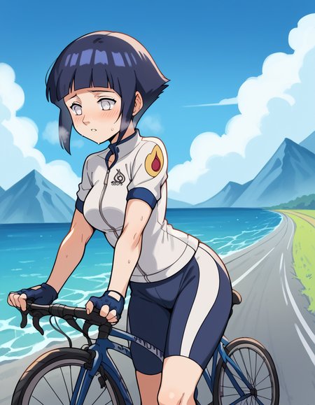 score_9, score_8_up, score_7_up, source_anime, <lora:hinata-hyuga-s1-ponyxl-lora-nochekaiser:1>, hinata hyuga, short hair, white eyes, bangs, blunt bangs, medium breasts,, <lora:cycling-uniform-ponyxl-lora-nochekaiser:1> cycling uniform, bicycle, bike jersey, bike shorts, biker clothes, fingerless gloves, gloves, road bicycle, short sleeves,, road, mountains, ocean, blue sky, clouds, bent over, parted lips, sweat, steam, blush, cowboy shot,