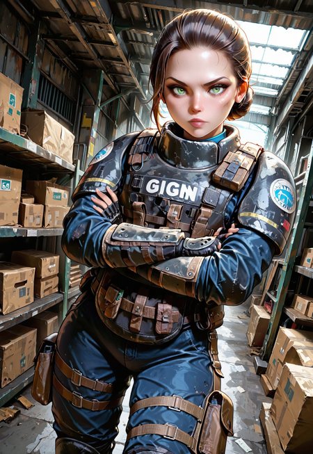 lazypos, masterpiece, best quality, dynamic angle, 1girl, solo, twitchr6s, brown hair, hair bun, fingerless gloves, body armor, blue shirt, blue pants, leg straps, arms crossed, looking at viewer, warehouse, detailed scenery