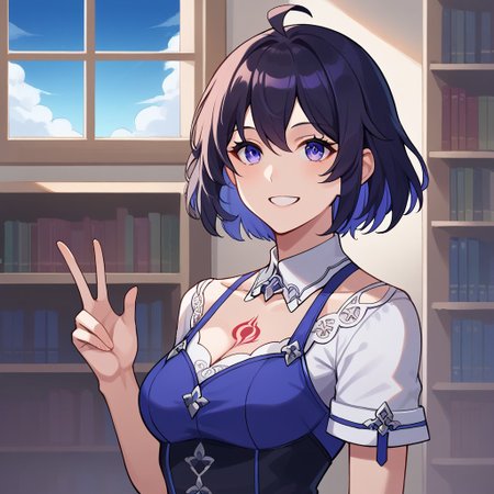 score_9, score_8_up, score_7_up,Captivating Eye Reflections,beautiful detailed eyes,lower eyelid,beautiful detailed face,BREAK ,source_anime,Seele,Azure Memories,1girl,medium breast,purple eyes,short hair,dark blue hair,blue inner hair,ahoge,red tattoo on the breast,blue and white shirt,short sleeves,black skirt,thigh gap,white kneehighs,black footwear,smile,window,library,indoor,blue sky