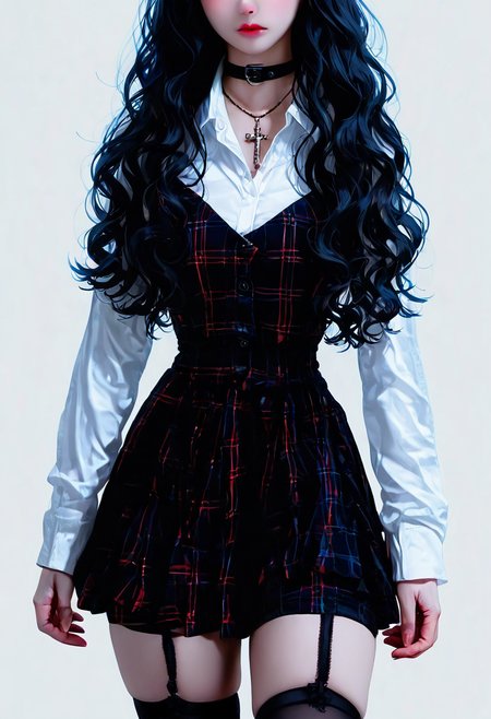 masterpiece, best quality, closed mouth,   1girl, solo, long hair, skirt, simple background, shirt, black hair, thighhighs, long sleeves, dress, jewelry, standing, white shirt, cowboy shot, choker, collared shirt, black thighhighs, necklace, collar, zettai ryouiki, plaid, wavy hair, garter straps, cross,  ,   <lora:R3alB3auty_NAI:1.0>,