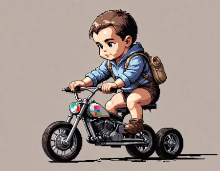 EGA pixel art demake of Baby with two wheels instead of hands.