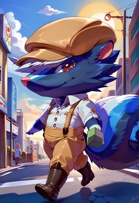 score_9, score_8_up, score_7_up, gorgeous, high detail, masterpiece, detailed face, stunning, detailed body,
1boy, male, solo anthro,  
by rajii,
rear view,
  walking away from viewer, looking over shoulder, looking back, looking at viewer,  (KicksAC, skunk, big tail,  beige hat, red eyes:1.4), (blue fur:1.6), boots, chibi, tiny feet
(white collared shirt, beige suspenders, beige slacks:1.4), 
smile,
city streets setting, sun, blue sky, white clouds, buildings, zPDXL3