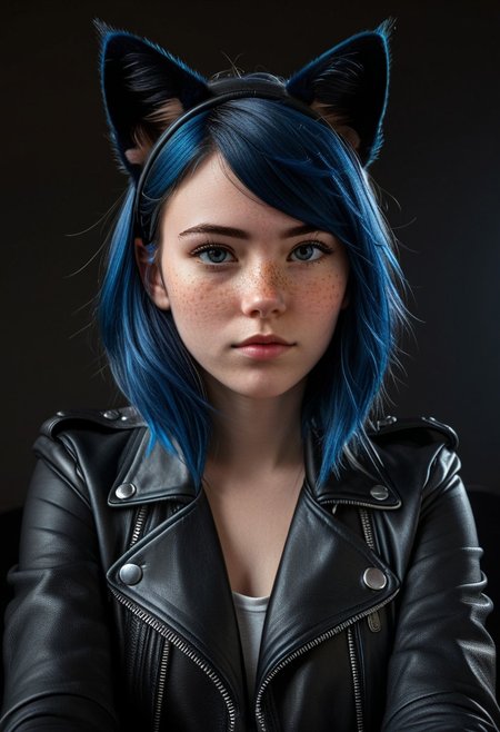 (StackedShortstack), solo, looking at viewer, shirt, 1girl, animal ears, blue hair, jacket, female focus, cat ears, black jacket, freckles, realistic, leather, leather jacket, cat ears, animal ears, close-up, foreshortening , cinematic lighting, cinematic angle, dark, dark background, masterpiece, best quality