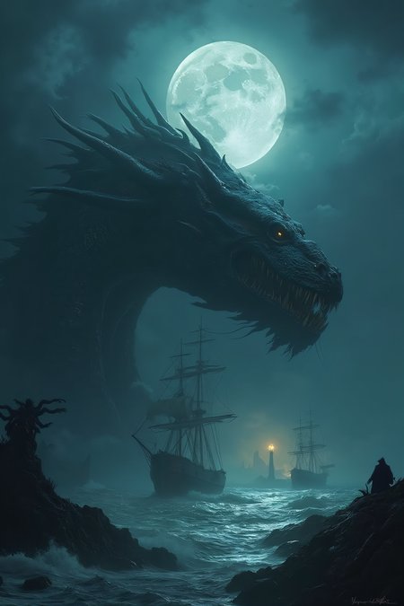 (Best Quality, 8K, Masterpiece, Ultra HD: 1.3, Huge detail, hyper realistic, epic scale, insane level of details), ((kraken with dragon's head)), (kraken attacks pirate carrack), remains of a shipwreck, night, very big moon, lighthouse, beam of light from the lighthouse, tense atmosphere