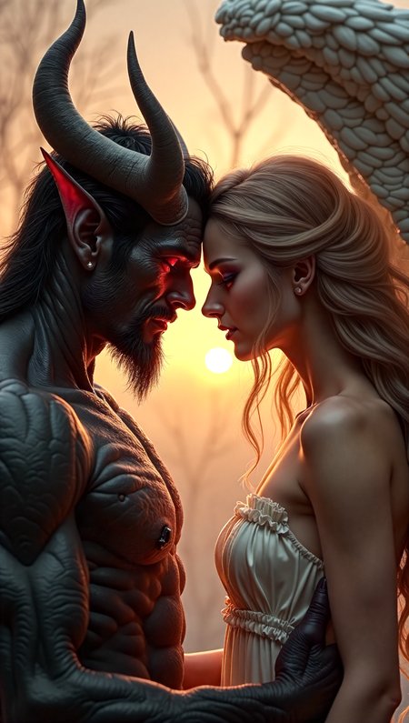 couple realistic painting of male demon and female angel,8k,UHD,masterpiece,high resolution,fine details,ultra HD,realistic,