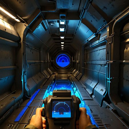 crawling through a metal ductway with a m314mtn blue glow, m314mtn, holding_tracker, holding, pov, trackerscreen