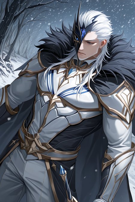 realistic shading, dark environment, dim lighting, expressive face, looking down, pierrogi, white_pierrogi_facial hair, white_pierrogi_long hair, black-blue-gold_pierrogi_one eye mask, blue eyes, manly, 1boy, furrowed brows, serious, angry, cowboy shot, holding sword, fighting stance, white armor, shirt, white gloves, white pants, black cape, dark cold outdoors, snowing, winter, dutch angle, dynamic angle, depth of field, atmospheric perspective, intricately detailed illustration, masterpiece, best quality, amazing quality, very aesthetic, absurdres, newest