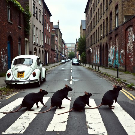 classic album cover reenactment amongst urban decline of abandoned high-street, long shot of four rats on zebra crossing walking, overgrown cracked road intersection, at left side of road is a white Volkswagen Beetle, rear yellow registration plate reads "LMW 281F", peeling plaster painted cracked brick black white red cyan blue abstract over rats, fab four walking to right-hand side
