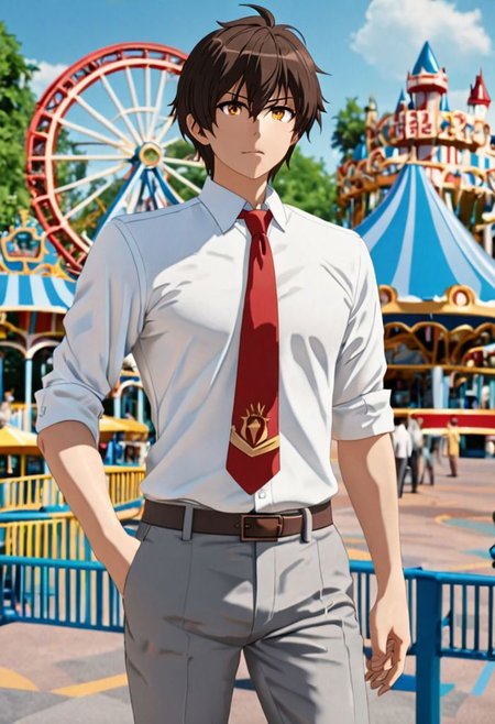 Highres, Masterpiece, High Quality, 4K, 8K, solo, 1Boy, Seiya Kanie, short dark brown hair, golden eyes, white dress shirt, red armband, manager, red tie, gray pants, theme park, easynegative, detailed_eye_model