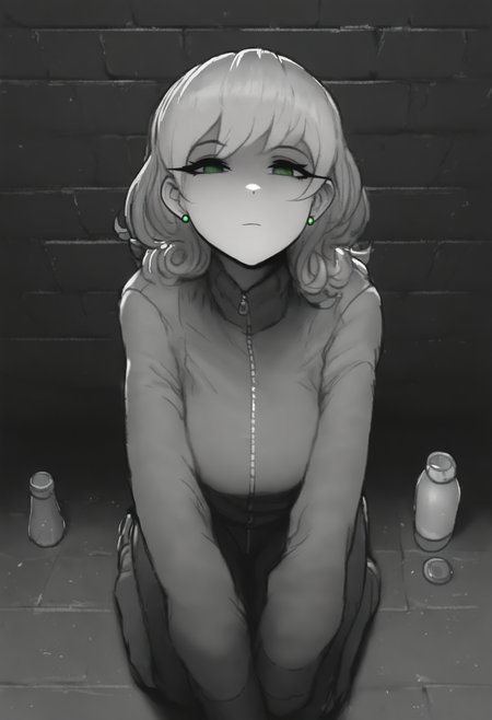 masterpiece, best quality, solo, 1girl,  <lora:NSPennyStardewIllu:1> NSPennyBase, green eyes, medium hair, curly hair, green stud earrings, grey hair, tracksuit, squatting, milk bottles, alleyway, shaded face, expressionless face, dim, raining, grayscale, brick wall, alleyway, look at the viewer