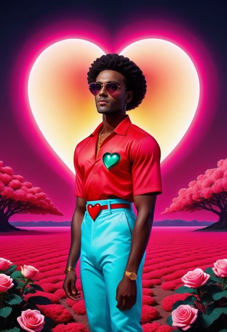 glamorous photo <lora:NeonHeartv4:0.8>  medium shot, Neon Heart, a black man, dressed as a gardener . high fashion, luxurious, extravagant, stylish, sensual, opulent, elegance, stunning beauty, professional, high contrast, detailed