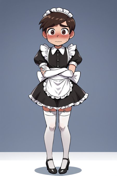 score 6 up,score 7 up, score 8 up,score 9,blush,short sleeves,looking at viewer,  <lora:marco_diaz:0.7>,marco diaz,brown hair,mole under left eye,short hair,solo,thick eyebrows,<lora:Lucyla_Art_Style:0.4>,male focus,maid headdress,maid uniform,,embarrassed,black heels,white elbow gloves, white stockings