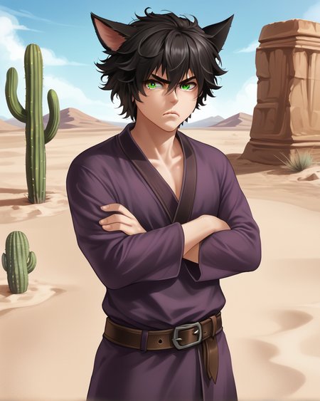 <lora:Niro_style_FORPONY:1> solo, catboy, 1boy, messy hair, black hair, miqo'te, anoyed, grumpy, green eyes, purple robes, crossed arms, outdoors, sand, desert, cactus, paladin, sword, belt, covered ears