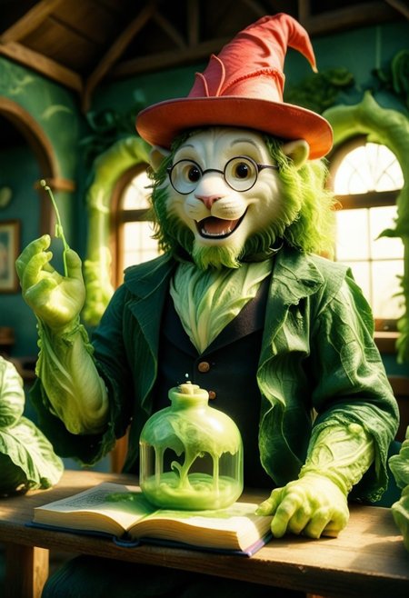 .
[number of people (e.g., 2men)] [(An anthropomorphic white crane bird looks out at an audience, while reading aloud from a magical book, solo, 1man, 80yo, open mouth, happy smile, purple and yellow magician old dusty outfit made of cabbages, black glasses, red hat:1.5)] BREAK [(An anthropomorphic white lion looks out at an audience, while reading aloud from a magical book, solo, 1man, 70yo, open mouth, happy smile, black and pink magician old dusty outfit made of cabbages, very small black round glasses, red hat:1.5)] BREAK [An opened impressive magic book, (book cover made of cabbages leafs, cabbage, cjdl:1.5), (leaking green fluo neon acid from inside to the outside, TOXNEO:2). (side view, 3/4:1.4), (focus on the book pages:2). Rays of light coming from inside the book.  The atmosphere is magical and dreamy. 
(In the foreground, we see a cabbage that transforms into a monster following a toxic liquid, TOXNEO.:2). Dusk, blue sky, orange rays of sun. dutch-angle, backlight, candlelight, (foreshortening, perspective:2).]