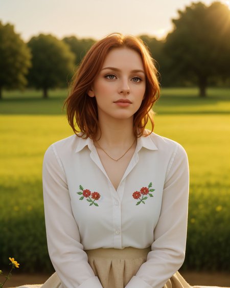 superbloom scenery, 24yo attractive irish redhead, (striking eyes with full limbal ring visible, piercing gaze with prominent limbal rings, large expressive eyes with sharp limbal rings, intense wide eyed stare at viewer:1.4), wide cinematic establishing shot seductive young woman sitting having picnic under tree, (bra strap, cleavage,  young adult irish redhead:1.25), (style of Alessio Albi:1.4), Realist Portraiture, Soft Lighting, Emotional Depth, Simple Compositions, (Layered Depth, Soft focus foreground, Painted Scenery:1.1), alluring feminine physique, short backlit hair, perfect face, thin upper lip, pouting lower lip, thin brows, small upturned nose, bow-shaped lips, Raised Eyebrows, Focused Gaze, eager expression, quaint farm setting, (relaxed country woman), (tight unbuttoned shirt, thin material), subsurface scattering, classic cotton, soft pastel, intricate embroidery collar cuffs, rolled-up sleeves revealing sun-kissed forearms BREAK (blanket:1.15), rich textures, patchwork design, vibrant colors, detailed stitching, homely aesthetic (skirt), elegant rustic charm, subtle floral pattern, linen, sways breeze BREAK ((wildflower wreath)), crown delicate chain necklace, small, intricate pendant, heart-shaped with floral theme, glowing subtly in the soft light, ethereal quality, [lens flare glinting], (mischievous yet content expression), lush green fields in the background, (soft, sunlit ambiance), simple leather boots, carefree hair  <lora:kodak_ultramax_400:0.8> golden hour, soft golden light, pastel sky, relaxed posture, natural smile, earthy colors, candid moment, trees and flowers in background, leading lines, depth of field, slightly off-center framing, warm tones, cinematic look, natural setting, editorial style, soft textures, subtle lighting, peaceful mood