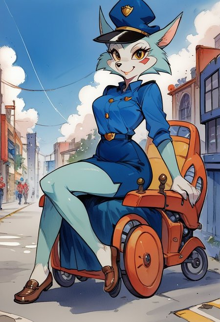 score_9, score_8_up, score_7_up, score_6_up, score_5_up, score_4_up, masterpiece, perfect face, perfect hands, high quality, source_cartoon, watercolor \(medium\), traditional media, merustyle, dynamic pose, side view, furry, carmen_patrol_03, carmen_fox, young adult, blue fox, 6 heads tall, fox girl, furry, yellow eyes , medium perky breast, thin waist, cute, detailed face, smiling, Police uniform, blue hat, mini skirt, bare legs, loafers, looking viewer, 
Powered Wheelchair, cyberpunk style wheel chair, mechanical parts, robot manipulator with wheelchair, carmen sitting wheelchair