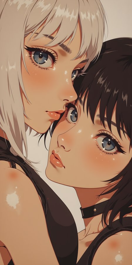 A highly detailed and striking illustration of two individuals with distinct and contrasting appearances. The person on the left has long, straight white hair with bangs that partially cover their forehead. They have large, expressive blue eyes and are wearing a black top with thin straps, which adds to the overall sense of style and elegance.
The person on the right has short, dark hair styled in a bob cut, with some strands falling loosely around their face. They also have large, expressive blue eyes and are wearing a black choker necklace, which complements their outfit. Their expression is neutral, with a slight hint of intensity or contemplation.
The lighting in the image is soft and even, highlighting the texture of the individuals' skin and the details of their hair and clothing. The background is plain and out of focus, ensuring that the attention remains on the subjects.
Overall, this illustration captures a moment of quiet beauty and contrast, with the combination of the individuals' attire, the soft lighting, and the detailed rendering creating a visually engaging and memorable scene. The use of color and composition adds depth and character to the artwork, making it a powerful and evocative piece.
BREAK j_art, anime, anime art, <lora:FLUX\jul\J_Anime:1.0>