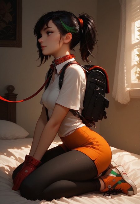 (score_9, score_8_up, score_7_up), 1girl, solo, eyes open, big eyes, cute face, ponytail, black hair, green streak in hair, 18 years old, bangs, petite, small breasts, white shirt, orange tie, backpack, red glove, orange shorts, leggings, sneakers, detailed background, inside, bedroom, vivid colours, looking away,
kneeling on the floor, on knees, collar, ((leashed collar, leash tied to bed)), 
(from the side, view from the side),