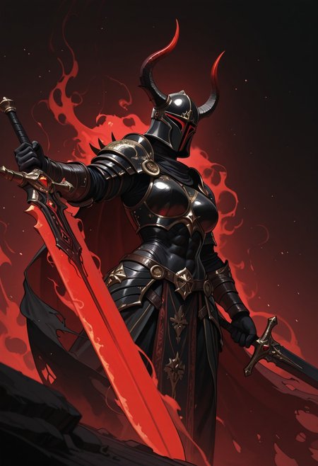 dmsty, helmet Closeup, 1girl, masterpiece, best quality, good quality, newest, highres, absurdres, dark Knightess, Angle, durch Angle, Action Scene, hyperdetailed,  billowing cape, intricate Armor, Torn Cape, Wind, particles, head Closeup, intricate chestplate, intricate pauldron, towering pauldron, Ethereal Aura, Dragon pauldron, Angle, Headshot, Horns, helmet, wielding sword, great sword, muscular, Red and White, two toned, painting, Parodie,