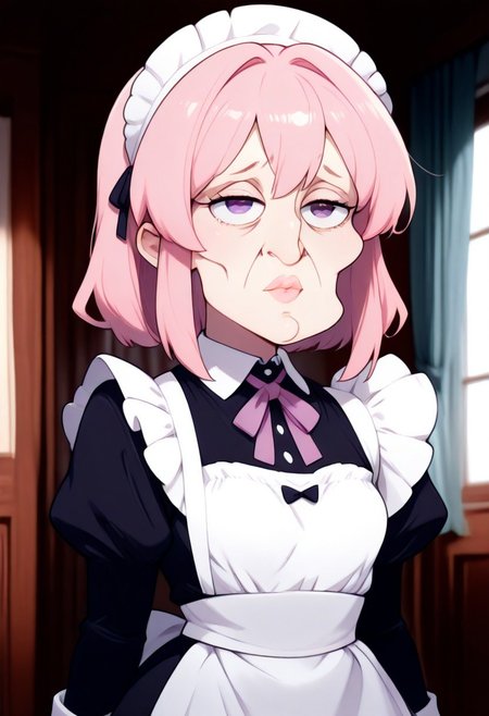 masterpiece, best quality, abusrdres, amazing quality, 1girl, solo, CivChan, purple eyes, pink hair, maid, handsomize, meme, beautiful face, lips, meme, parody, inside, house, blurry background, Dutch angle
