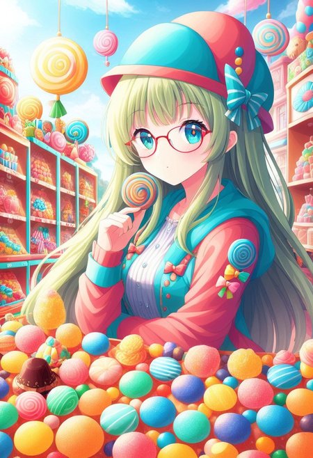 (girl is selling candy), 1girl, candy woman, wearing candy glasses, candy shop, candy hat,  f\1.0, candy, <lora:aidmaCandyWorldMorph-MoreArtfull-v0.1:0.8>