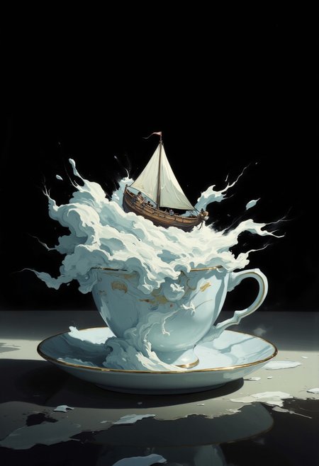 Create a digital artwork depicts a surreal, whimsical scene in which a white teacup and saucer sit on a dark surface. The teacup is filled with swirling white cloud-like waves that create a feeling of movement and fluidity. A small, detailed sailboat with a white sail and a dark hull emerges from the waves, creating an eye-catcher in the composition. The background is a rich black, which increases the contrast and clearly highlights the white elements. The lighting appears artificial, casting soft highlights and soft shadows, emphasizing the textures of the clouds and the smooth surface of the teacup. The image uses a shallow depth of field and a blurred background to keep the focus on the teacup and sailboat. The composition follows the rule of thirds, with the sailboat positioned slightly off-center, creating a balanced yet dynamic visual appeal. The overall style is dreamlike and imaginative, combining realistic elements with fantastical concepts.,highly detailed, aesthetic, great lighting, extremely detailed,   perfect composition, a vibrant tissue of hues and textures captured digitally, best quality, realistic, captivating, intricately detailed, sharp focus, high contrast, stylized, clear, whimsical, fantastic, splash art, intricate detailed, hyperdetailed,    concept art, sharp focus, harmony, DB4RZ, DB4RZ style painting, NeoPigma, in the style of cksc, anime, cyberpunk, a masterpiece, award winning,