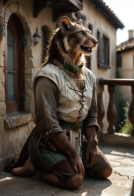 score_9, score_8_up, score_7_up, (((Barefoot furry character, full body, cinematic setting, furry male, plantigrade, correct anatomy, perfect hands)))
(((side view))) on a beautiful and detailed (((skaven))), (((templar outfit))), templar knight, black fur rat, green gem necklace, ((1boy, solo, solo focus)), muscular, furry male, burgundy and black fur,body fur, perfect eyes, perfect face, fur, fluffy fur, tuft, detailed fur,, bronze eyes, curvy, covered nipples, Expressiveh, looking at the viewer, seductive smile, half closed eyes, tight clothes, skindentation, ear piercing,cute makeup, BREAK indoor, detailed background, balcony, abs, ((muscular)), white neck fluff, (((nice furry feet paws)))
(((kneeling on one leg))), enslaved by hypnotic spell, green glowing in his eyes, green smoke around neck, green collar formed by magic smoke around neck , open mouth, drooling