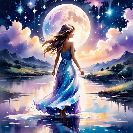 ink splashing,semi realistic, 2d game scene,oil and watercolor painting,
 <lora:fantasy_world:1>ï¼upper,body
(masterpiece),(wallpaper), (best quality), (best illuminate, best shadow), (best illustration), dynamic angle,
(+++a girl+++) is walking in front of a delicate and beautiful moon-blue sky, solo, from side, 
(Backlight), mid shot, (the beautiful and delicate girl:1.3), beautiful bare back, (detailed face:1.2), (long floating hair:1.2), (beautiful long dress:1.2), floating dress,
the girl (walking) on surface of the water, Beautiful and delicate violet light water surface, reflective water surface,
High saturation blue clouds and (stars sky) in the background, cold color