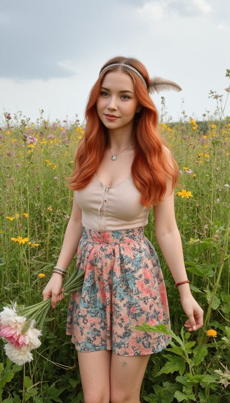 Generate an anime inspired image of a modern hippie girl.

She has long, flowing ruby red hair with A delicate headband adorned with a single, long feather that gracefully trails down her back. The feather is soft and airy, with subtle hints of Cloud Burst Blue shimmering within.. 

She wears a cotton mini skirt with scintillating colors and captivating patterns. 
 She is wearing beaded wristbands. She is wearing a peace sign necklace.

She has bare feet and is walking barefoot through a field of wildflowers and has a bouquet of flowers in her hand

She has realistic skin that is not flawless. She has Watering gold eyes. She has a nostril flared nose. She has a rounded chin. She has a chubby Side Set breasts. She has natural unshaven body hair.  She has not recently showered, her skin may be a little bit dirty. She wears little make-up except for her lip gloss.  She has painted toenails