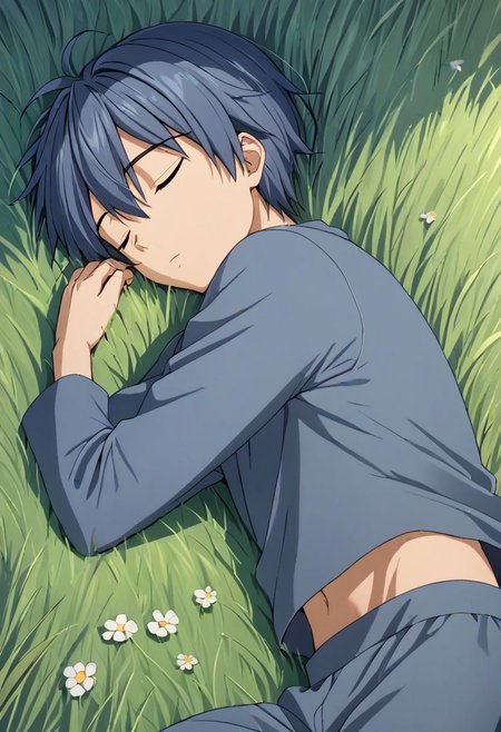 high resolution, solo, best quality, 1Boy, Tomoya Okazaki, Grey Blue Hair, sleep, nap, grass, meadow hills, wind breeze, OverallDetail