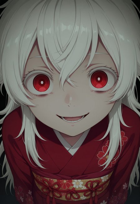 masterpiece, best quality, amazing quality, simple background, black background, horror \(theme\), dark, 

1girl, haine, white hair, long hair, red eyes, petite, red kimono, floral print obi, 

1girl, cowboy shot, from above, eye focus, fisheye, standing, head tilt, looking at viewer, crazy eyes, wide-eyed, empty eyes, dilated pupils, crazy smile, open mouth, arms at sides