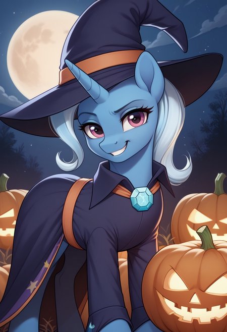 score_9, score_8_up, score_7_up, score_6_up, score_5_up, score_4_up, pony, feral pony, unicorn, Trixie, halloween, pumpkins, night, full moon, happy, smile, witch suit, witch hat, look at you, looking at viewer, ((anatomically correct)), g4, ponyface, pony face, night,
