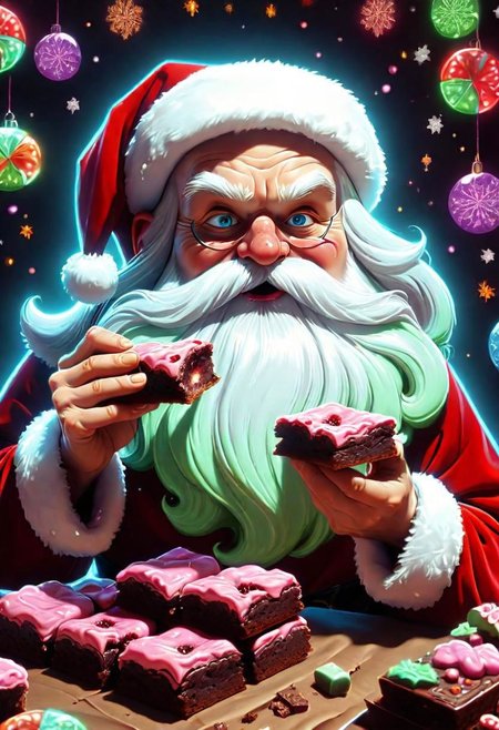 cute cartoon psychedlic santa claus eating some brownies detailed, sharp focus,  DonMN30nChr1stGh0stsXL