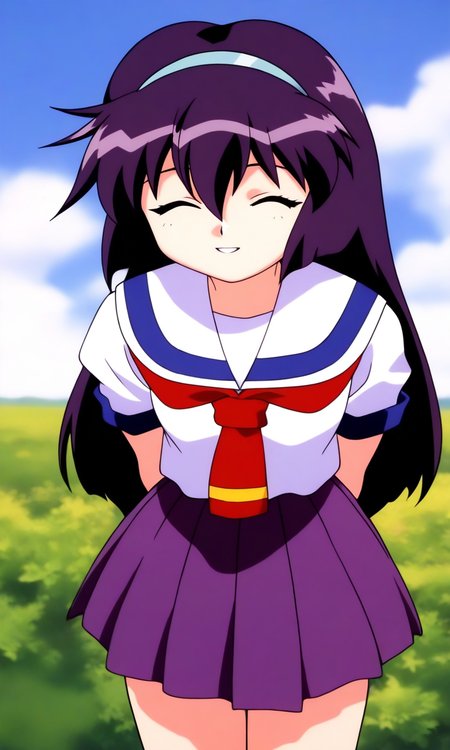 general,highres, ultra-detailed,very aesthetic,best quality ,best hands, BREAK  <lora:Amano_Misao_Pretty_Sammy_IS:1>
Amano_Misao, 1girl, solo, purple hair, long hair, bangs,  light blue hairband, closed eyes,  hair between eyes, 
school uniform, purple skirt, short sleeves, pleated skirt, 
sailor collar, red neckerchief,
smile, arms behind back, looking at viewer, parted lips,
sky, outdoor, day,