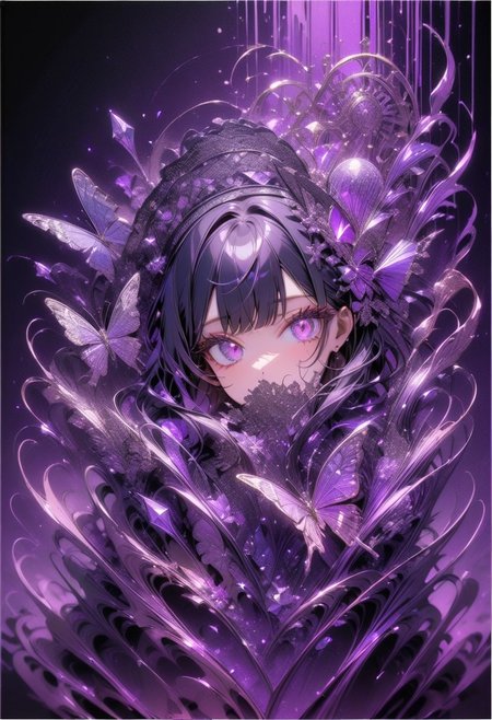 masterpiece, newest,absurdres,incredibly absurdres,1girl, solo, bug, butterfly, bangs, black hair, looking at viewer, long hair, blunt bangs, covered mouth, purple eyes, purple theme, eyelashes, flower, pink eyes, snowflakes, 
dark_theme,abstract background, made of crystals,
depth of field,white sphere on the background,usnr