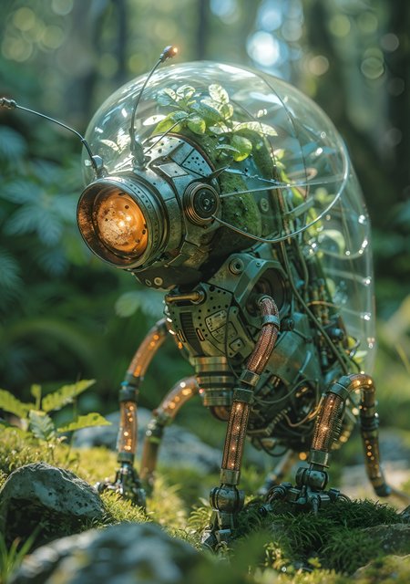  a small insect that is standing in the grass, he transport a terrarium in his back, 3d render beeple, mechanical vegetal cyborg, futuristic robot organisms, steampunk robot ant, steampunk insect, in the art style of filip hodas,  cyber steampunk 8 k 3 d, beeple. octane render, 3 d render stylized