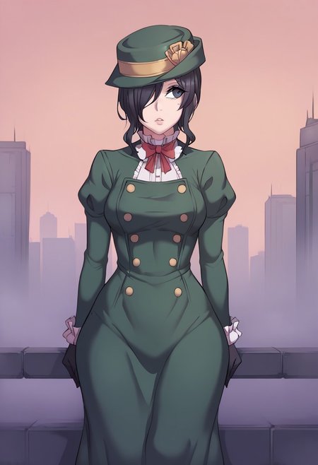score_9, score_8_up, score_8, anime style, source_anime,<lora:PulenKompot-Metal_Owl Style-PonyXL:1>,metal-owl,<lora:PulenKompot-Metal_Owl Style-PonyXL:1> metal-owl,metal owl,source_anime, 1girl, cowboy shot, expressionless, looking away, arm hug, <lora:zs_MayoneXL:1> mayonesh, hat, black hair, medium hair, hair over one eye, makeup, lipstick, green dress, puffy sleeves, black gloves, outdoors, city, gloomy, sky, fog,detailed face features,perfect detailed eyes,beautiful eyes,upper body, narrow hips, hip dip, big ass, voluptuous, slutty,slimbody,tiny waist,(bubble butt:1.2), parted lips,thighhighs,large hips,thighs,black eyes,long skirt,upskirt,front view,garter straps,black lingerie