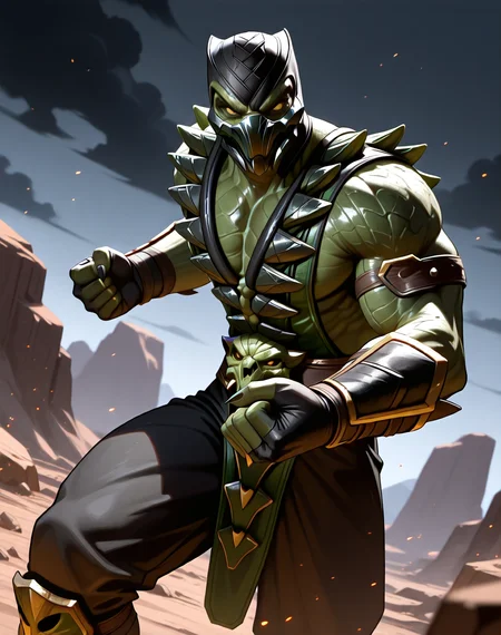 <lora:Reptile_X_(Mortal_Kombat)_(Illustrious)_(AD):1> Reptile_MK, muscular, Mortal Kombat, 
dutch angle, exterior, monumental architecture, wasteland, dark night sky with black clouds, 
male focus, gradient coloring, villain, intimidating, fierce, punch, 
BREAK very awe, aesthetically pleasing, masterpiece, best quality, amazing quality, very aesthetic, perfect depth of field shot, in'ei, source_furry, furry_art, 
Smooth Quality, lazympos, IllustQualXL_Pos,