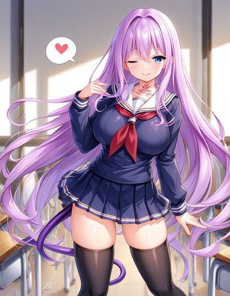 <lora:sdxl_lightning_8step_lora:1>, score_9, score_8_up, score_7_up, source_anime,<lora:luxiel-01:0.9>, 1girl, luxiel, pink hair, very long hair, straight hair, blue eyes, purple hair, , tattoo, neck tattoo, black thighhighs, thighhighs,straight hair, tail, ,large breasts, ,classroom,,,serafuku,(navy serafuku:1.3),red neckerchief, navy sailor collar, navy skirt,navy school uniform,,skirt ,mini skirt, pleated skirt, <lora:exstia_siori_v1:1>,navy shirt,(navy sweater:1.2),long sleeves, <lora:sdxl-eye-hanme_01:1>,evil smile,standing,half eye closed,arms behind,,spoken question mark, <lora:hair-longbangs:1>