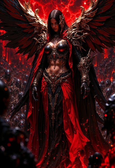 a powerful female figure with large, dark wings. She stands confidently in the center, wearing an intricate black armor-like outfit with a flowing, tattered cape. Her skin is pale, and she has striking facial features with a focused expression. Her hair is dark, adorned with a crown-like headpiece. The background is a dramatic, fiery red, with abstract, jagged shapes resembling a chaotic landscape. The overall composition is symmetrical, with the figure as the focal point, exuding a sense of strength and mystique.
<lora:FluxMythP0rtr4itStyle:0.6> <lora:flux.1_lora_flyway_Epic-Characters_v1:0.6> <lora:Elden_Ring_-_Yoshitaka_Amano:0.33>