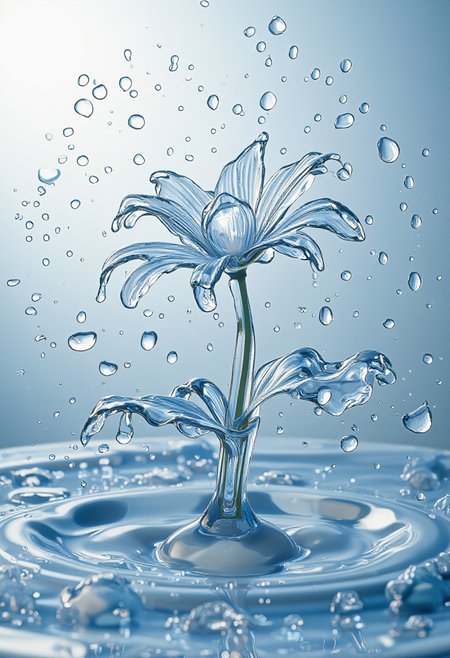 digitally created image that depicts an intricate and dynamic scene of water droplets forming into the shape of a flower. The main subject is a stylized, almost surrealistic, flower with elongated petals that are transparent and appear to be made of water itself. The flower is positioned centrally in the image, with its stem emerging from the water at the bottom center. The water droplets are frozen in mid-air, capturing the moment of transformation from liquid to solid. The petals are curved and slightly twisted, giving a sense of movement and life., 
Surrounding the flower, there are numerous small droplets of water, some still suspended in the air, creating a sense of motion and energy. The background is a gradient of light blue to white, which enhances the clarity and transparency of the water and the flower. The texture of the water is smooth and reflective, with a slight sheen that adds to the realism of the image. The overall composition is symmetrical, with the flower and its droplets forming a central focal point, and the surrounding water droplets creating a sense of depth and movement. The image has a clean, modern aesthetic, emphasizing the beauty and fluidity of water., <lora:diffusion_pytorch_model:1>, <lora:aidmaMJ6.1_v0.5_3:0.7>, aidmaMJ6.1, <lora:merged_lora:1>, ultra quality, ultra detailed, intricate details