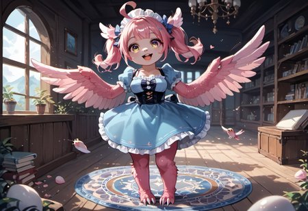 best resolution,score_9,score_8_up,score_7_up,score_6_up,score_8,score_7,score_6,best quality,masterpiece,source_anime,fantasy,beach background,1girl,solo,kawaii,cute,chibi,1girl, winged arms,pink harpy,medium breasts, blue dress, (indoors:1.3), castle,expressiveh,happy,smile,detailed eyes, inflating wings,glossy wings,