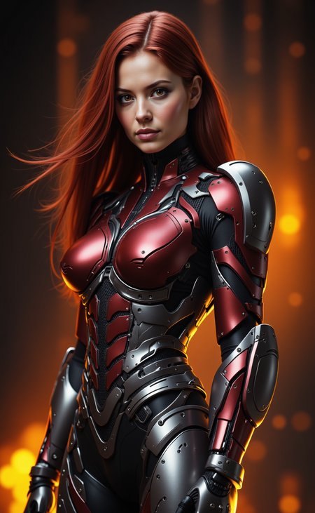 mid-body shot of a woman with long auburn hair swept back and intense amber eyes; armored in a fierce dual-tone of gloss red and matte gunmetal, with bold structural ribs across the torso and layered panels hugging the shoulders and thighs; forearm armor shaped with integrated vanes and stylized corner flanges, all in smoothed brushed finish; underlayer visible at the joints in near-black nanoweave; warm ambient background with deep shadows highlighting high-detail textures and reflective surfaces








mg-mk.1, ftlas-mk.1, 