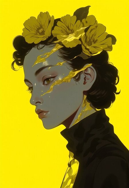 A physical avant-garde fashion painting featuring a pale, porcelain-skinned Caucasian woman, exuding minimalist elegance. The artwork is rendered in fluorescent deep yellow, black, and grey hues, with sharp, intricate detail highlighting the concept of impeachment. The wide-shot composition is set against an all-yellow backdrop, emphasizing simplicity through bold, brutal contrast. Abstract shapes and surreal fashion elements interlace, creating a conceptual fusion of contemporary art and fantasy. The piece challenges traditional artistic boundaries, inviting contemplation and questioning the true essence of art itself. Captured with high-resolution DSLR or mirrorless camera (e.g., Canon EOS R5, Sony A7R IV, Nikon Z7 II), using a **50mm prime lens** for sharp detail, **f/2.8** aperture for controlled depth of field, **ISO 100** to maintain clarity without noise, and a **shutter speed of 1/125s** for smooth texture capture. The **5500K white balance** enhances the fluorescent color palette, creating a vivid, striking visual.